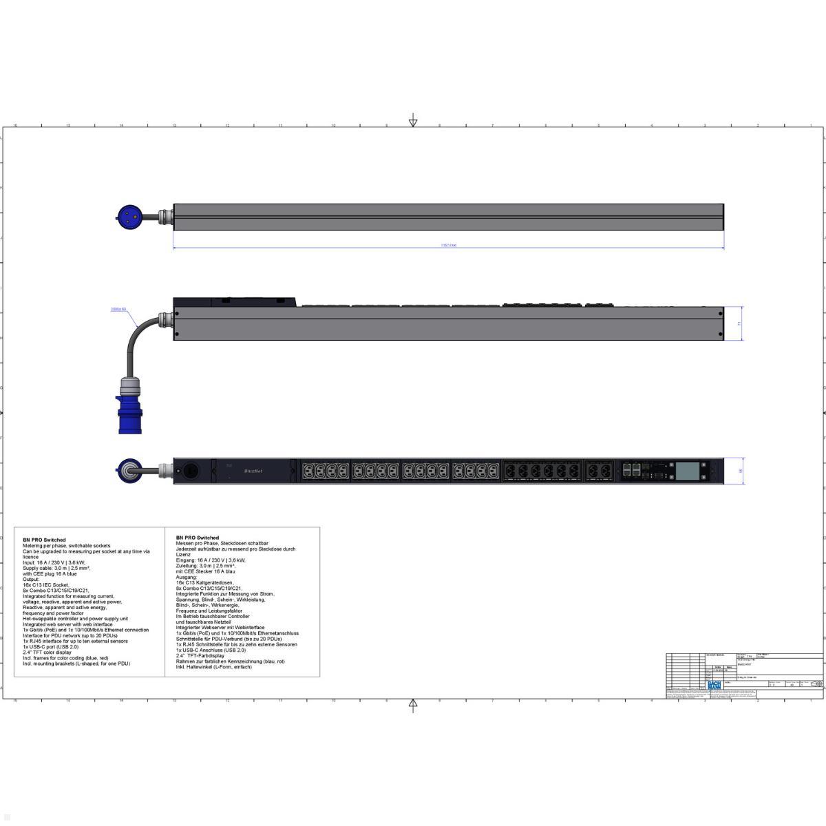 Bachmann BN PRO S Switched - 16A Rack PDU mit 16xC13 8xCombo, 3,0m CEE 16A/3p (BM0024767), C13 Steckdosen