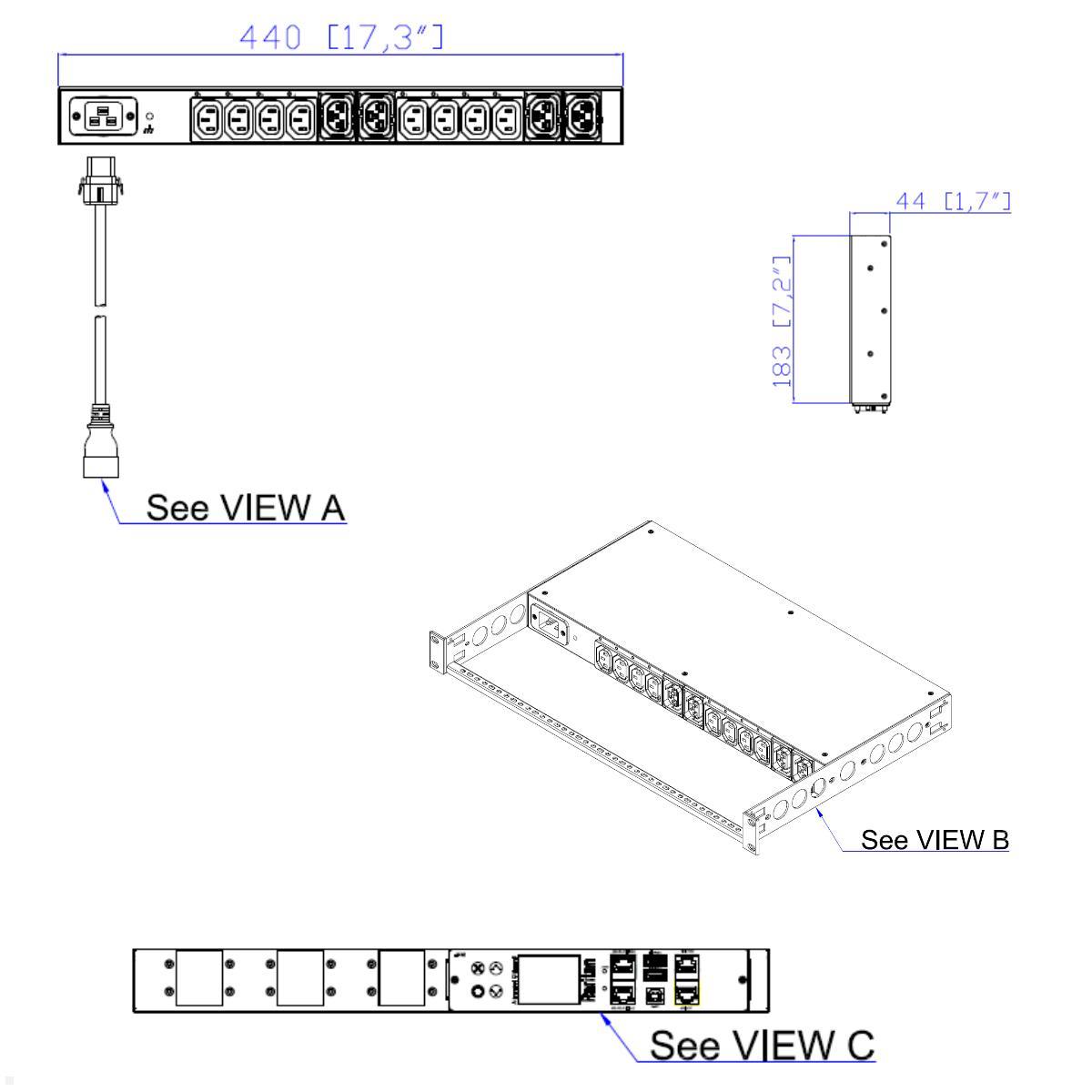 Legrand Raritan iX Rack-PDU 1U mit 8xC13 / 4xHDOT Cx, 1-phasig 100-240V 20A, Outlet Metered/Switched (PX4-5256CR-C8E8A0), Maße